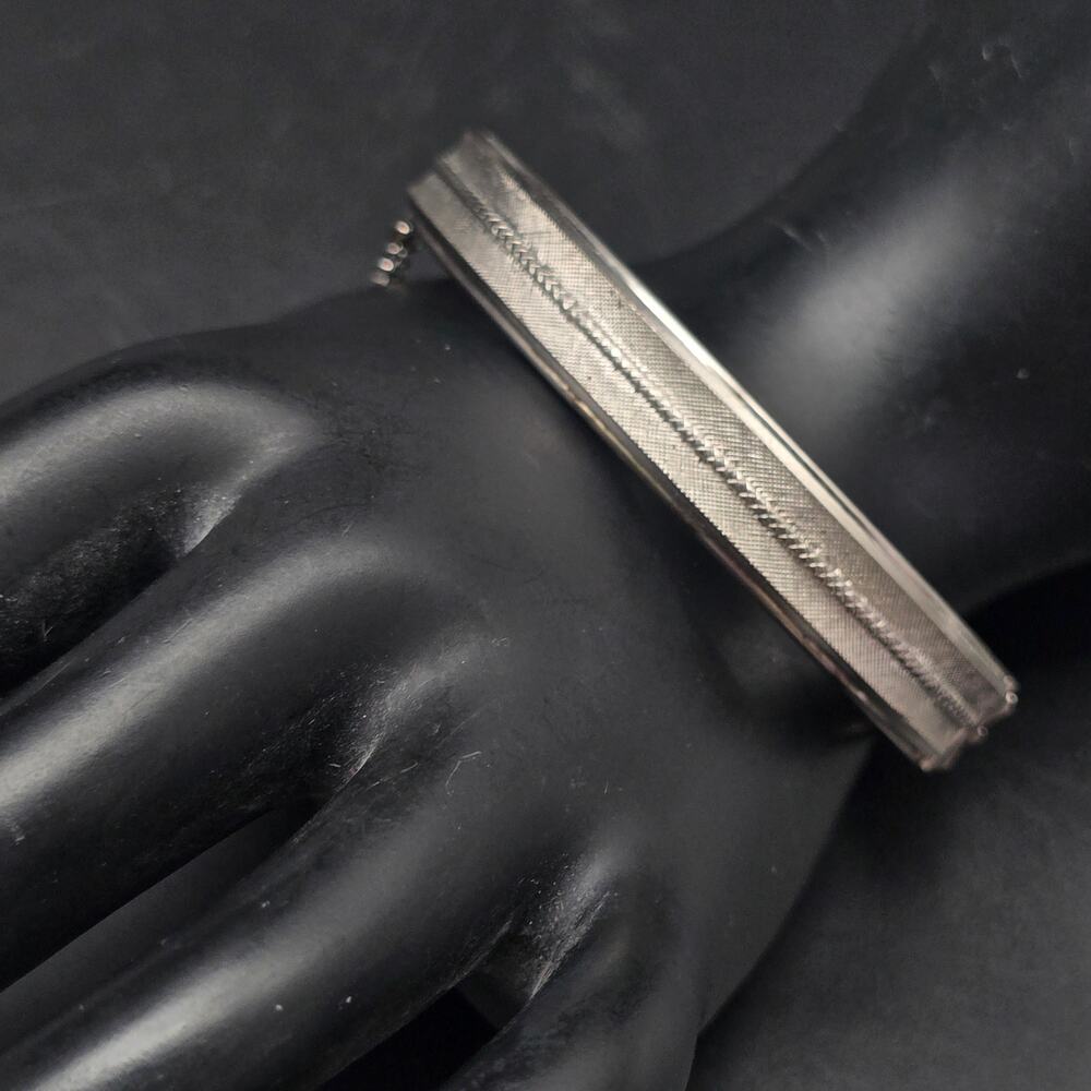 Brushed Silver Tone Bangle Bracelet with Safety Chain Vintage Costume Jewelry